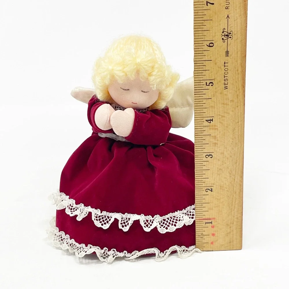 Vintage Christmas Angel Doll 6.5in Burgundy Velvet Lace Dress Praying NOS